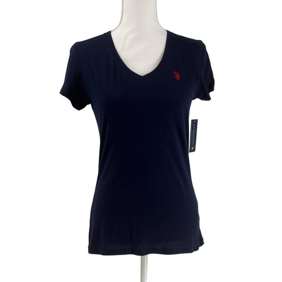 U.S. Polo Assn. Womens Navy Blue V-Neck T-Shirt Casual With Red Logo Size S - Picture 1 of 12